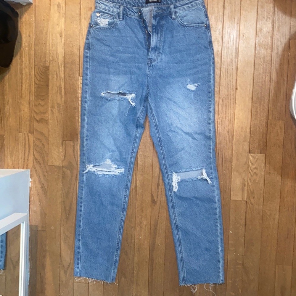 misguided jeans. straight leg. high waisted. light blue medium wash